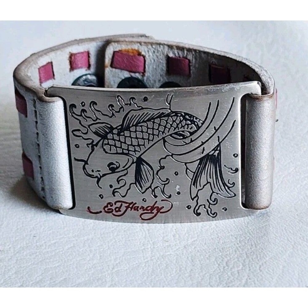 Vintage Y2K Ed Hardy Koi Fish Leather Wide Cuff Distressed Bracelet